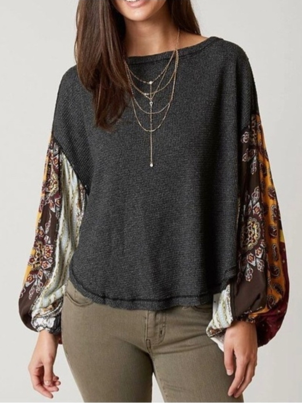 We The Free Blossom Thermal Top Waffle Knit Boho Patchwork Womens Medium